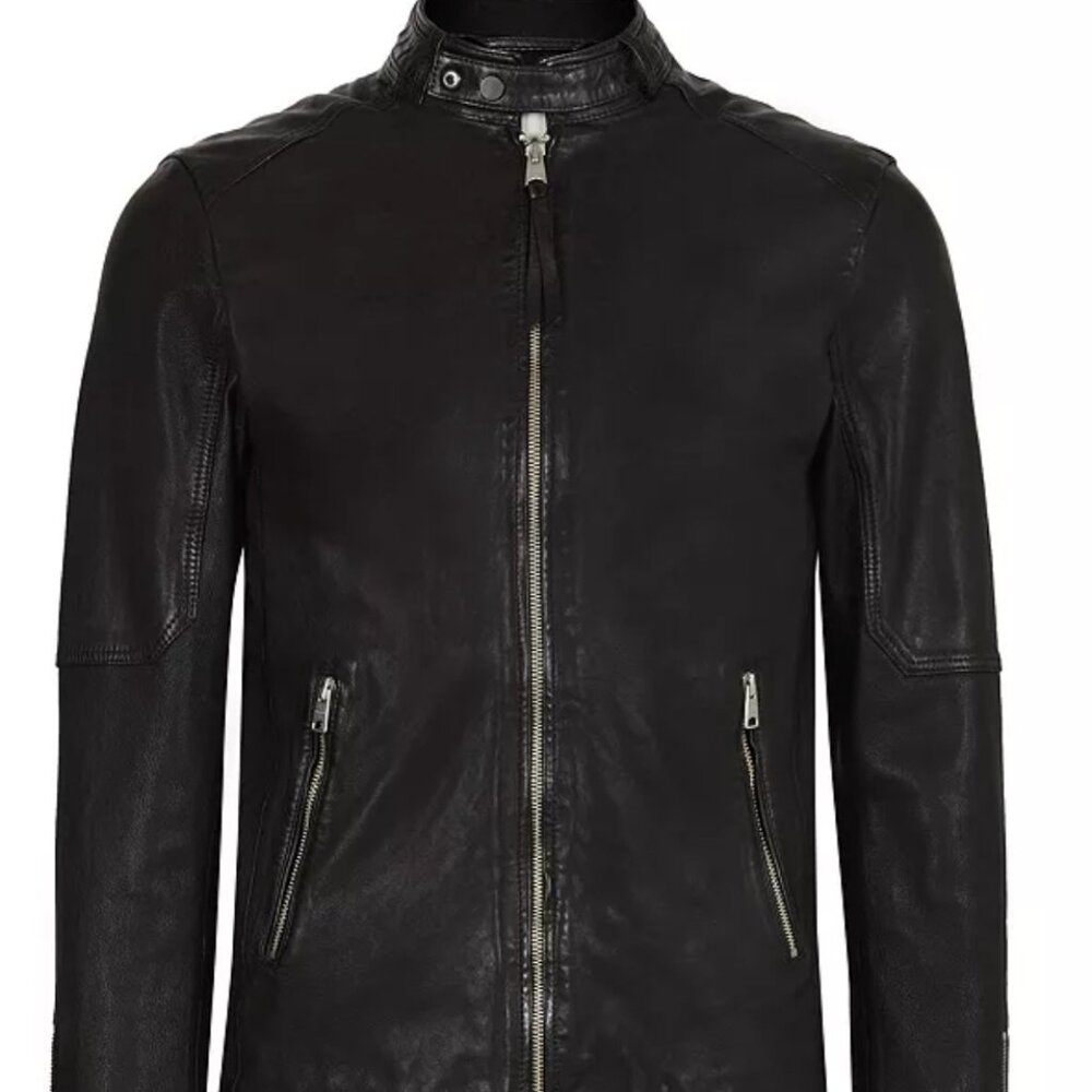 NEW ALL SAINTS Cora Leather Snap Back Collar Jet Black Jacket Mens Size M